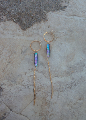 Gold mini hoop earrings with peacock blue pearls and chains