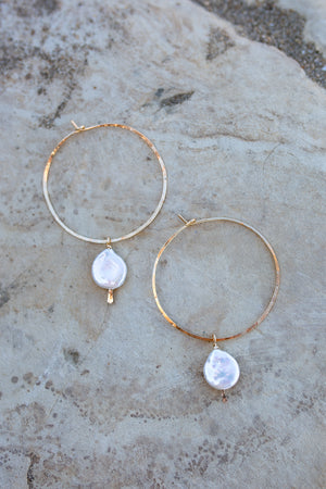 Gold hoops with white coin pearls