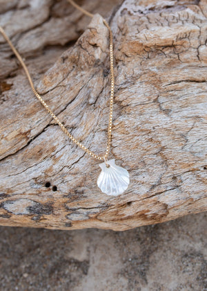 Shelby necklace draped over driftwood