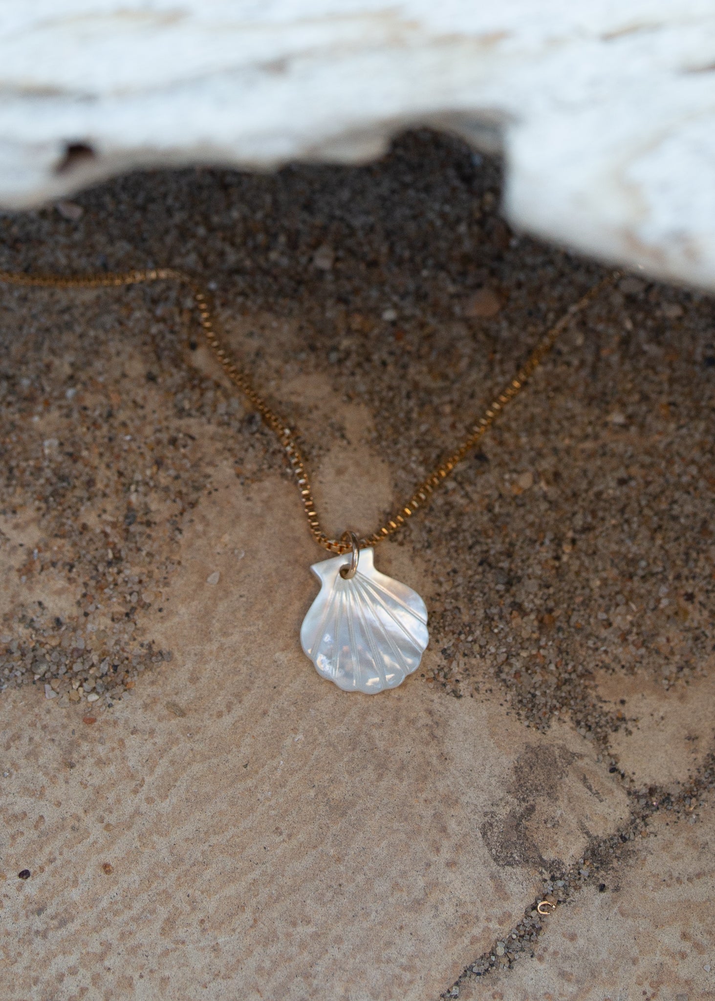 Close up of gold necklace with pearlescent mother of pearl scallop shell