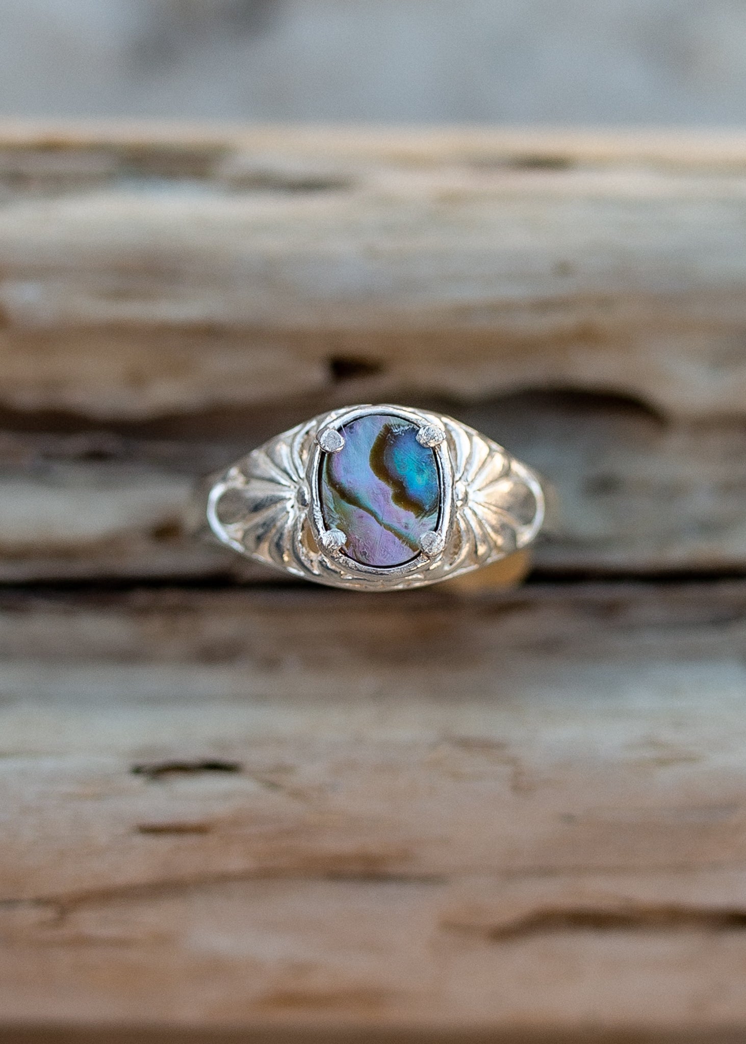 Side view of the Willow abalone sterling silver ring